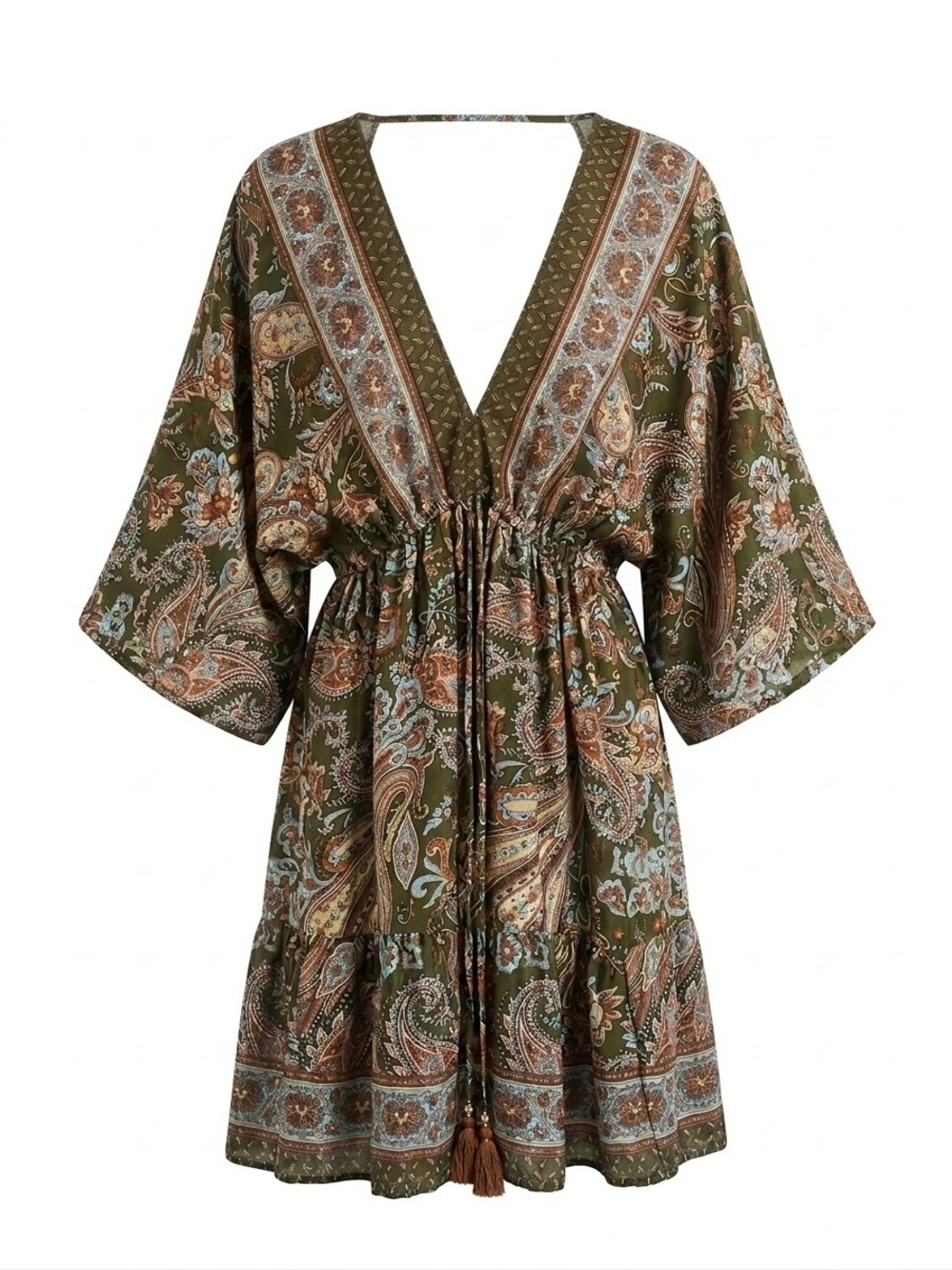 ZURY Silk Blend Paisley Boho Mini Dress Wide Sleeve Tassel Drawstring OS